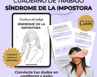 May include: A digital workbook titled "Impostor Syndrome" with a line drawing of a woman covering her face. The workbook is on a tablet and includes worksheets. The image also features the text "Convert your doubts into confidence and success."