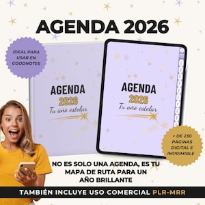Puede incluir: Una agenda digital para 2026, mostrada en una tableta y un cuaderno físico. La agenda presenta el texto "AGENDA 2026" y "Tu año estelar". La imagen también incluye el texto "+ DE 230 PÁGINAS DIGITAL E IMPRIMIBLE".