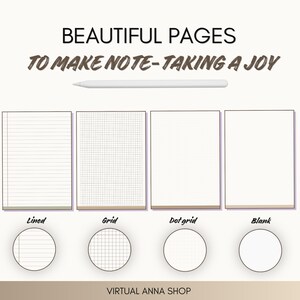 May include: A digital stationery set featuring a white stylus and four page templates labelled Lined, Grid, Dot grid, and Blank. The text reads BEAUTIFUL PAGES TO MAKE NOTE-TAKING A JOY and VIRTUAL ANNA SHOP. Each template has a circular detail view.