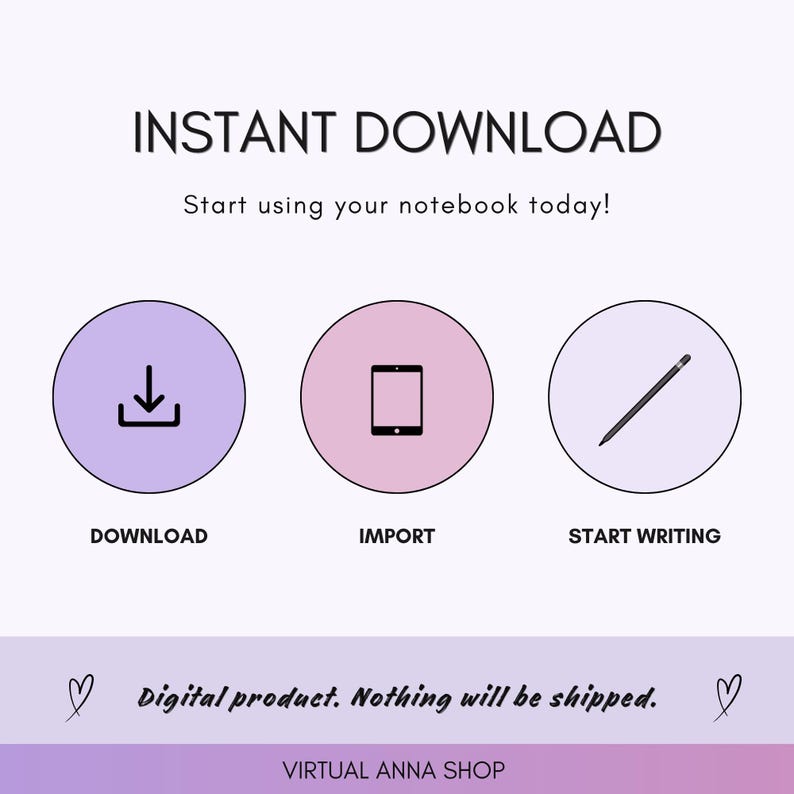 Pu&ograve; includere: Una grafica di prodotto digitale con il testo INSTANT DOWNLOAD, Start using your notebook today!, DOWNLOAD, IMPORT, START WRITING e Digital product. Nothing will be shipped. VIRTUAL ANNA SHOP. Include icone di freccia di download, tablet e stilo.
