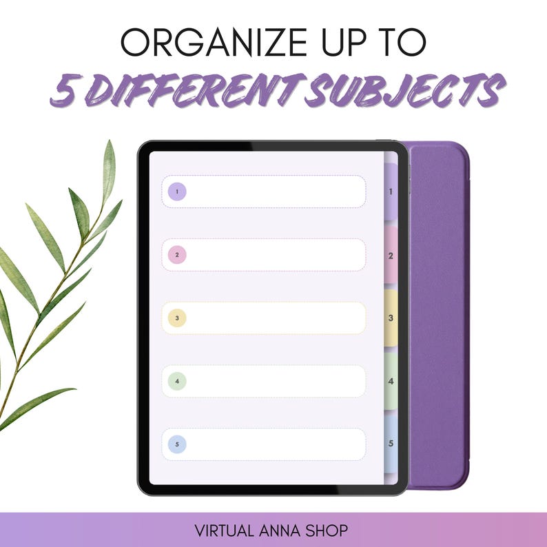 Pu&ograve; includere: Un tablet digitale che mostra un'interfaccia di pianificazione con cinque sezioni distinte, ciascuna contrassegnata da un cerchio numerato. Il testo "ORGANIZE UP TO 5 DIFFERENT SUBJECTS" appare in alto e "VIRTUAL ANNA SHOP" in basso.