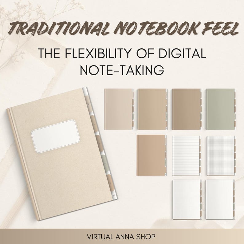 May include: A digital notebook planner with a beige cover and a blank white label. The text reads TRADITIONAL NOTEBOOK FEEL THE FLEXIBILITY OF DIGITAL NOTE-TAKING. Includes various page layouts like lined, grid, and blank, with side tabs.