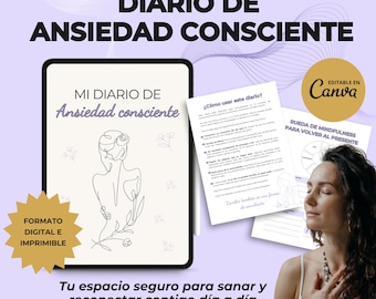 Anxiety journal in Spanish. Digital and printable PDF worksheets for managing anxiety, with MRR and PLR resale rights. Mental health