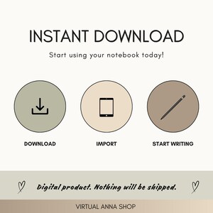 May include: A digital product graphic featuring the text INSTANT DOWNLOAD and Start using your notebook today! Three circular icons show a download arrow, a tablet, and a pencil. Bottom text reads Digital product. Nothing will be shipped. VIRTUAL ANNA SHOP.