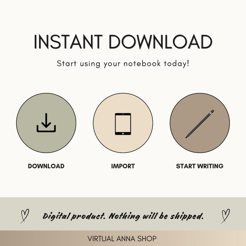 May include: A digital product graphic featuring the text INSTANT DOWNLOAD and Start using your notebook today! Three circular icons show a download arrow, a tablet, and a pencil. Bottom text reads Digital product. Nothing will be shipped. VIRTUAL ANNA SHOP.