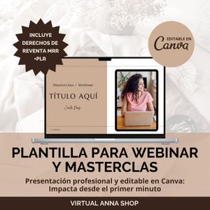 Puede incluir: Una pantalla de portátil que muestra una plantilla de seminario web con el texto "TÍTULO AQUÍ" y "PLANTILLA PARA WEBINAR Y MASTERCLAS". La imagen incluye a una mujer usando una computadora portátil y el logotipo de Canva. La plantilla está diseñada para presentaciones profesionales.