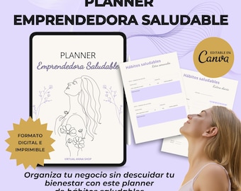 Healthy habits planner in Spanish with MRR-PLR resale rights. Digital and printable product. Editable template in Canva.