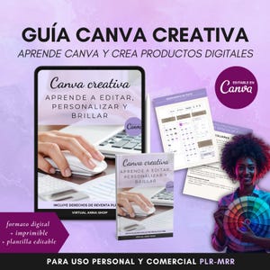 May include: Digital Canva Creative Guide with the text "Learn Canva and Create Digital Products." The image includes a tablet and a book with the text "Canva creativa" and "Learn to edit, personalize and shine." A woman holds a color wheel.