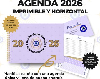 Agenda 2026 imprimable en espagnol. Agenda 2026 au format PDF et format A4. Agenda journalier horizontal 2026 en violet.