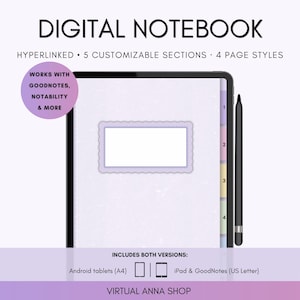 Digital notebook template, hyperlinked GoodNotes notebook, PDF digital notebook, cute pastel notebook, note taking, iPad and Android tablet