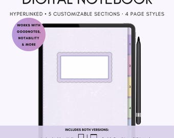 Modèle de carnet numérique, carnet GoodNotes avec liens hypertextes, carnet numérique PDF, joli carnet aux couleurs pastel, prise de notes, compatible iPad et tablettes Android
