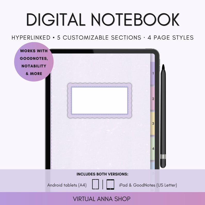Modello di quaderno digitale, quaderno GoodNotes con collegamenti ipertestuali, quaderno digitale in PDF, grazioso quaderno dai colori pastello, per prendere appunti, iPad e tablet Android immagine 1