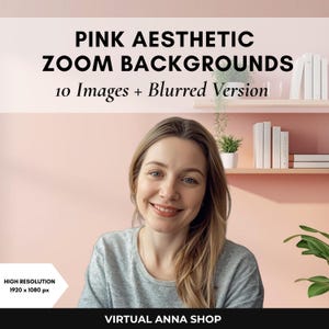 Minimalist bookshelf zoom background. Pink aesthetic zoom backgrounds. Feminine home office. Cozy minimal virtual office (Digital download)