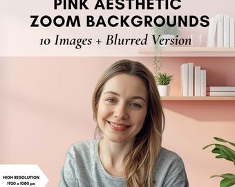 Fond d'écran minimaliste avec bibliothèque pour Zoom. Arrière-plans roses esthétiques pour Zoom. Bureau à domicile féminin. Bureau virtuel minimaliste et confortable (Téléchargement numérique)