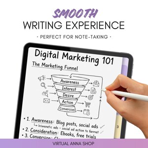 Pu&ograve; includere: Un tablet digitale che mostra un diagramma a imbuto di marketing intitolato Digital Marketing 101 con etichette per Awareness, Interest, Desire, Action e Conversion. Lo schermo mostra uno stilo e il testo SMOOTH WRITING EXPERIENCE.