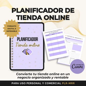 Puede incluir: Un planificador digital para tiendas online, con una portada morada y el texto "PLANIFICADOR Tienda online." La imagen incluye hojas de trabajo para marketing y resúmenes de negocios.
