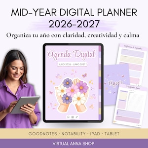 Puede incluir: Una agenda digital para 2026-2027 titulada Agenda Digital, con una portada de color violeta claro que muestra una ilustración de manos sosteniendo flores coloridas, mariposas y estrellas. Incluye diseños de páginas internas para planificación diaria.