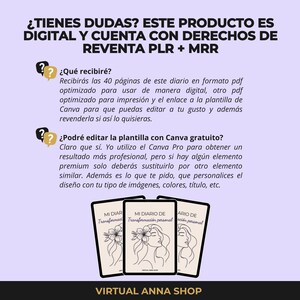 May include: Digital product advertisement with text in Spanish. The image showcases three digital journal covers with the text "Mi Diario de Transformaci&oacute;n Personal". The product includes digital and printable PDFs, and Canva templates.