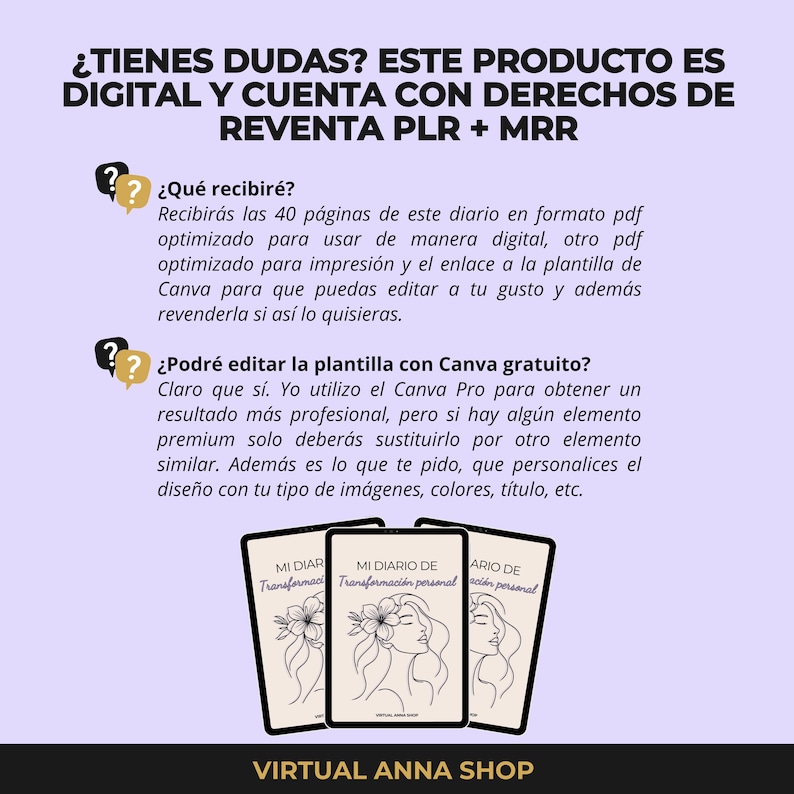 May include: Digital product advertisement with text in Spanish. The image showcases three digital journal covers with the text "Mi Diario de Transformaci&oacute;n Personal". The product includes digital and printable PDFs, and Canva templates.