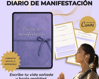 Manifestation journal in Spanish. Digital and printable manifestation journal. Editable template in Canva with PLR and MRR rights.