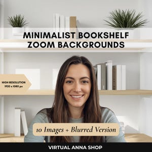 Minimalist bookshelf zoom background. Zoom background office. Neutral home office virtual background. Blurred included. Digital download