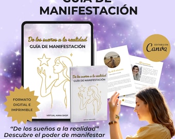 Manifestation Guide in Spanish. 100% digital manifestation ebook, printable and editable on Canva. Includes MRR-PLR resale rights.
