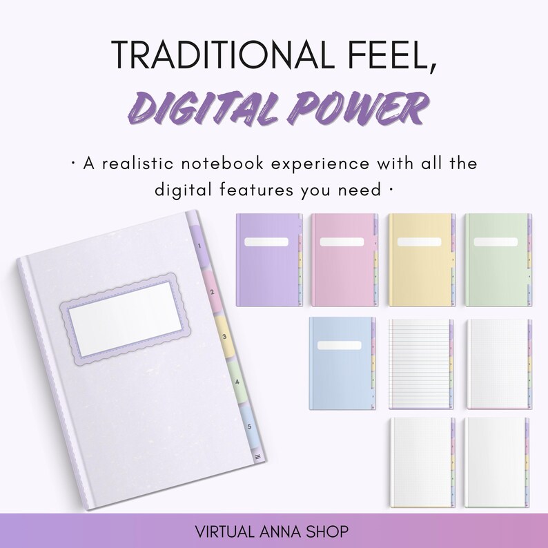Pu&ograve; includere: Un quaderno digitale con copertina color viola chiaro, un'etichetta bianca smerlata e cinque schede colorate. Il testo recita: TRADITIONAL FEEL, DIGITAL POWER. A realistic notebook experience with all the digital features you need. VIRTUAL ANNA SHOP.