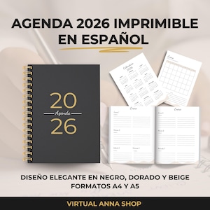 Puede incluir: Agenda imprimible 2026 negra con encuadernación en espiral dorada y texto dorado. La portada dice "20 - Agenda - 26". Páginas adicionales muestran calendarios y diseños de planificadores diarios. El texto superior dice "AGENDA 2026 IMPRIMIBLE EN ESPAÑOL".