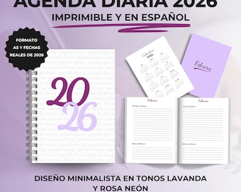 Agenda 2026 à imprimer en espagnol. Agenda 2026 au format PDF. Agenda hebdomadaire et mensuel, format A5. Agenda minimaliste, rose et violet.