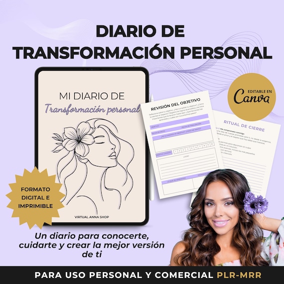 Planner de crecimiento personal en español. Diario de desarrollo personal y autoayuda. Plantilla editable en Canva con derechos PLR y MRR