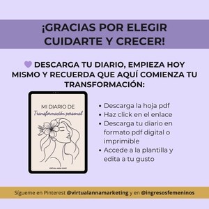 May include: A digital download advertisement with a purple background. The text reads "&iexcl;GRACIAS POR ELEGIR CUIDARTE Y CRECER!" and "DESCARGA TU DIARIO, EMPIEZA HOY MISMO Y RECUERDA QUE AQU&Iacute; COMIENZA TU TRANSFORMACI&Oacute;N:". A tablet displays "MI DIARIO DE Transformaci&oacute;n personal".