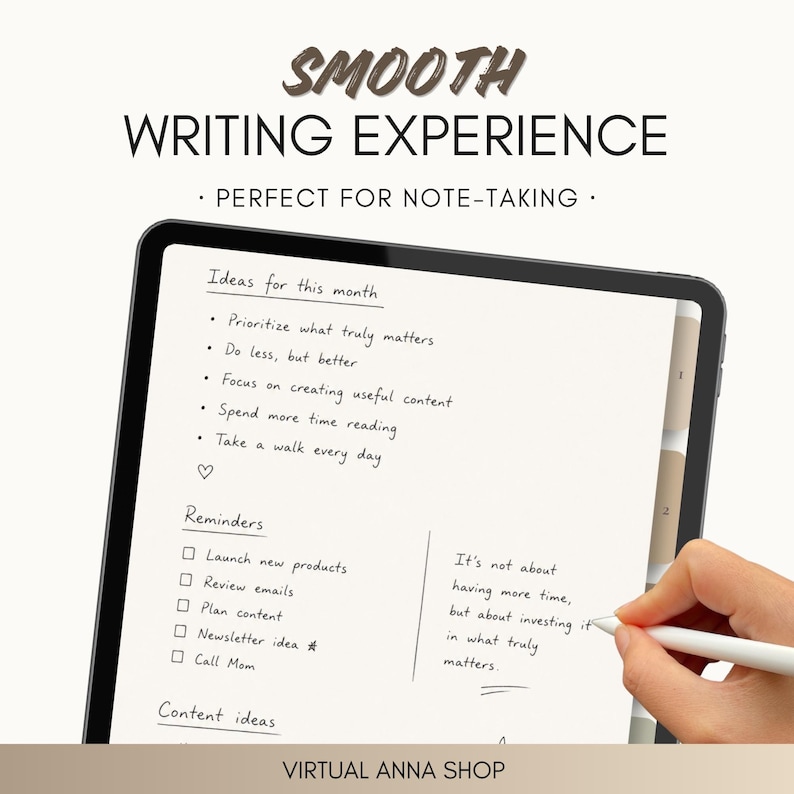May include: A digital tablet displaying a planner interface with handwritten text including Ideas for this month and Reminders. The screen shows a white background with dark text and a stylus is writing on the surface. Text reads SMOOTH WRITING EXPERIENCE.