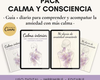 Pack comprenant un ebook et un journal sur l'anxiété en espagnol, avec droits de revente PLR-MRR. Programme de bien-être émotionnel et de santé mentale