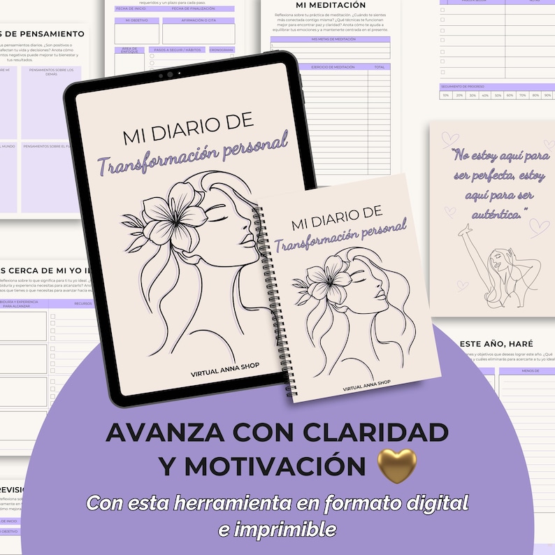 May include: A digital tablet and spiral-bound notebook with the text "MI DIARIO DE Transformaci&oacute;n personal" and a floral illustration. The image also includes a small card with a quote and text in Spanish, and the phrase "AVANZA CON CLARIDAD Y MOTIVACI&Oacute;N".