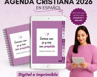 Agenda chrétien 2026 en espagnol. Agenda numérique et imprimable pour jeunes filles chrétiennes. Agenda spirituel avec journal de dévotion et de gratitude.