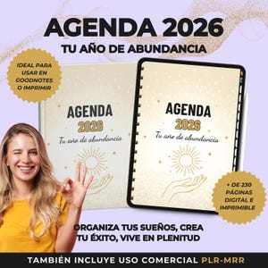 2026 digital and printable planner in Spanish. 2026 Abundance Planner in gold, ideal for women. Resale rights apply.