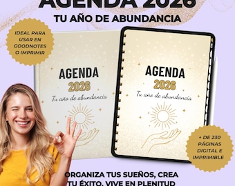 2026 digital and printable planner in Spanish. 2026 Abundance Planner in gold, ideal for women. Resale rights apply.