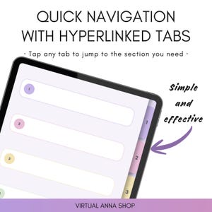 Pu&ograve; includere: Uno schermo di tablet digitale che mostra un'interfaccia di pianificazione con schede ipercollegate per una navigazione rapida. Lo schermo presenta sezioni numerate in viola, rosa e giallo, con schede laterali corrispondenti. Testo: QUICK NAVIGATION WITH HYPERLINKED TABS, Tap any tab to jump to the section you need, Simple and effective, VIRTUAL ANNA SHOP.