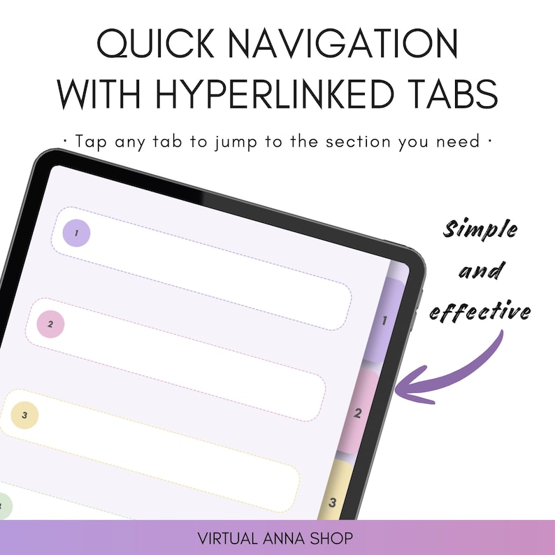 Pu&ograve; includere: Uno schermo di tablet digitale che mostra un'interfaccia di pianificazione con schede ipercollegate per una navigazione rapida. Lo schermo presenta sezioni numerate in viola, rosa e giallo, con schede laterali corrispondenti. Testo: QUICK NAVIGATION WITH HYPERLINKED TABS, Tap any tab to jump to the section you need, Simple and effective, VIRTUAL ANNA SHOP.