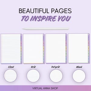 Pu&ograve; includere: Un set di pagine per agenda digitale con quattro stili: a righe, a quadretti, a puntini e vuote. Ogni pagina ha schede laterali colorate numerate da uno a cinque. Il testo riporta BEAUTIFUL PAGES TO INSPIRE YOU, Lined, Grid, Dot grid, Blank e VIRTUAL ANNA SHOP.