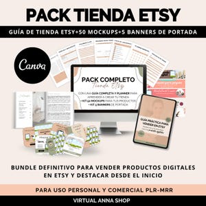 Pack de tienda Etsy en español con guía y planificador de tienda, 50 plantillas de mockups para listados y 5 banners