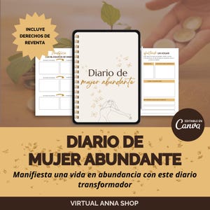 Abundance journal in Spanish, editable Canva template with PLR-MRR resale rights, money manifestation, gratitude, prosperity