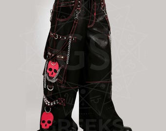 Super Skull Gothic Leather Pants With Chains & Studs – Zip