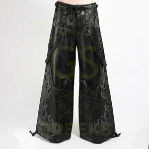 Flame Dark Street Pants Cowhide Leather | Gothic Wide Leg Biker Pants | Real Leather Flame Trousers | Streetwear Leather Pants for Men