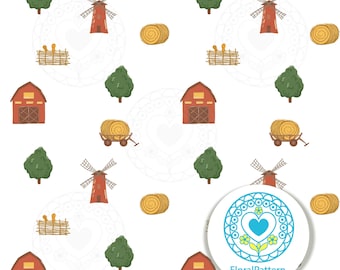 Cute Farm Seamless Pattern, barn and windmill digital wallpaper, repeating pattern, kids room fabric, surface pattern design