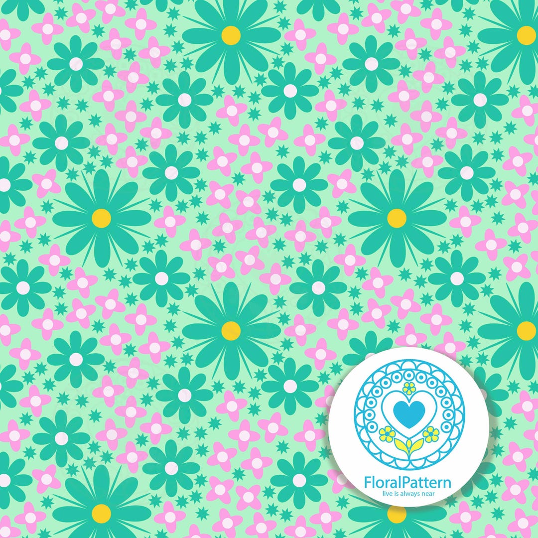 Floral Seamless Pattern | Teal & Pink Flowers (digital Paper) - Etsy