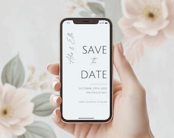 Minimalist Save the Date evite. Digital template, editable on Canva.
