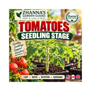 Könnte beinhalten: Ein Gartenratgeber mit dem Titel Zhanna's Garden Guides: Tomatoes Seedling Stage. Der Text lautet Healthy Seedlings Happier Tomatoes! sowie Light, Water, Nutrition, Hardening. Ein grüner Tomatensämling wächst in einem schwarzen Topf.