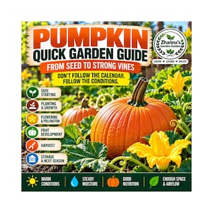 Puede incluir: Un letrero instructivo Pumpkin Quick Garden Guide con calabazas naranjas, hojas verdes y flores amarillas. El texto incluye: PUMPKIN QUICK GARDEN GUIDE, FROM SEED TO STRONG VINES, DON'T FOLLOW THE CALENDAR. FOLLOW THE CONDITIONS e iconos.