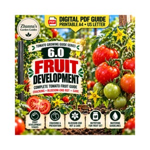 Könnte beinhalten: Ein digitaler PDF-Leitfaden mit dem Titel 6.0 Fruit Development aus der Tomato Growing Guide Serie von Zhanna's Garden Guides. Das Cover zeigt rote und grüne Tomaten an der Pflanze sowie Symbole für Fruchtentwicklung, Risse, Blütenendfäule, Nährstoffe und Bewässerung.
